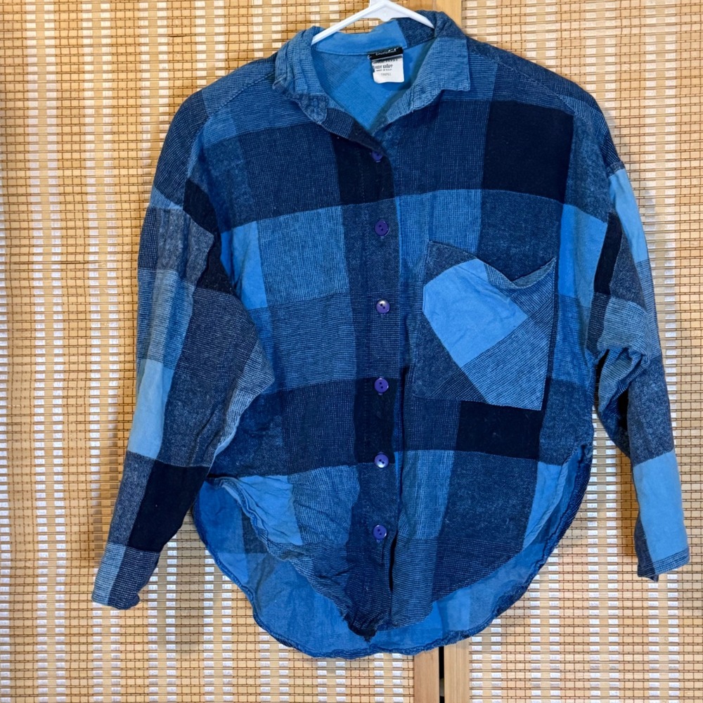 Vintage Judy Knapp California Blue Patchwork Plaid Button Down Shirt Small USA